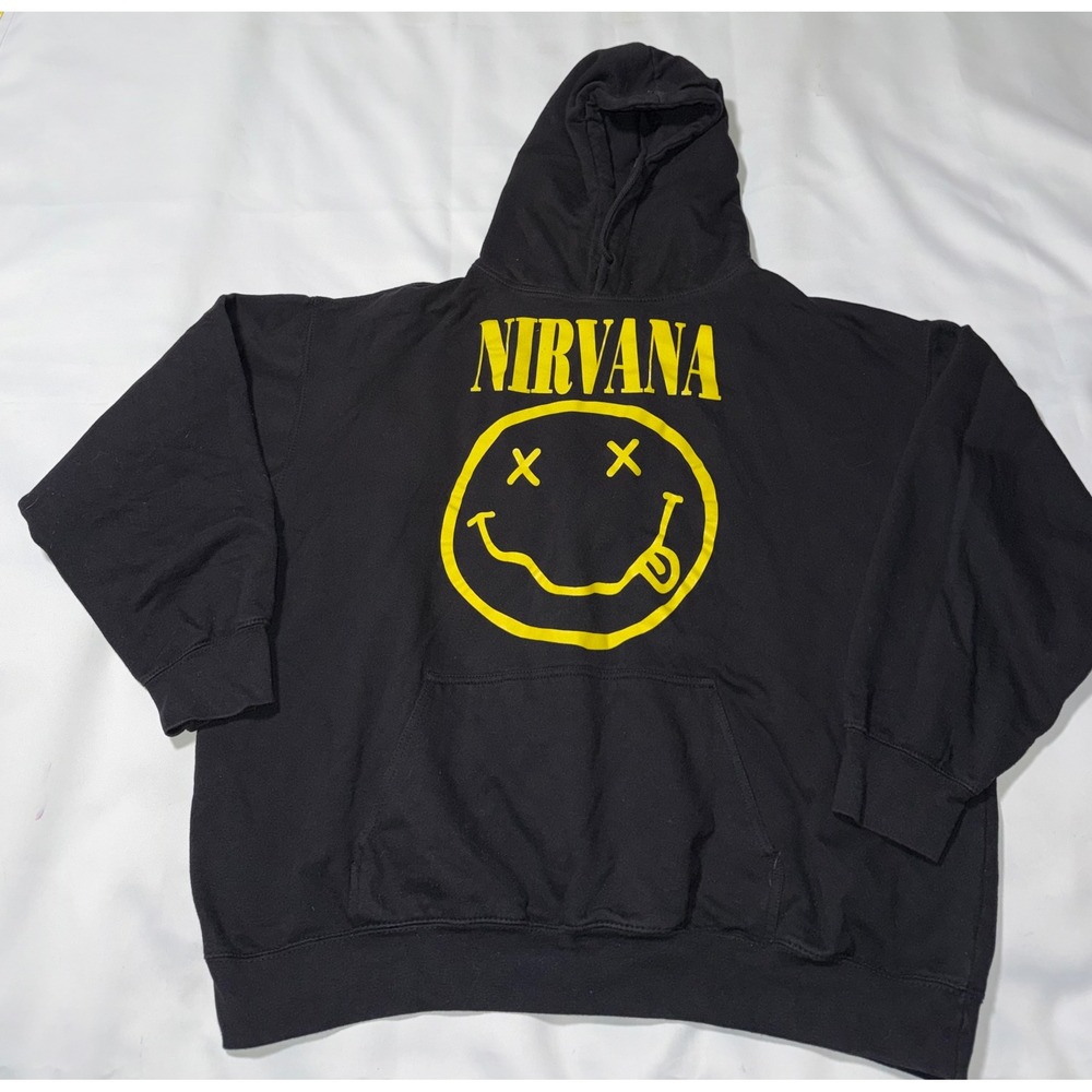 Nirvana Smiley Face Graphic Hoodie Black Yellow Rock Band Pullover Sweatshirt